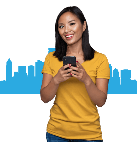 Pittsburgh PA Landing Page2 woman holding a phone against pittsburgh skyline