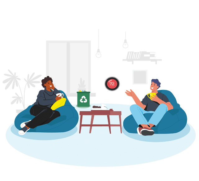 Our Commitment to Sustainability – Blue man and woman relaxing and talking at home