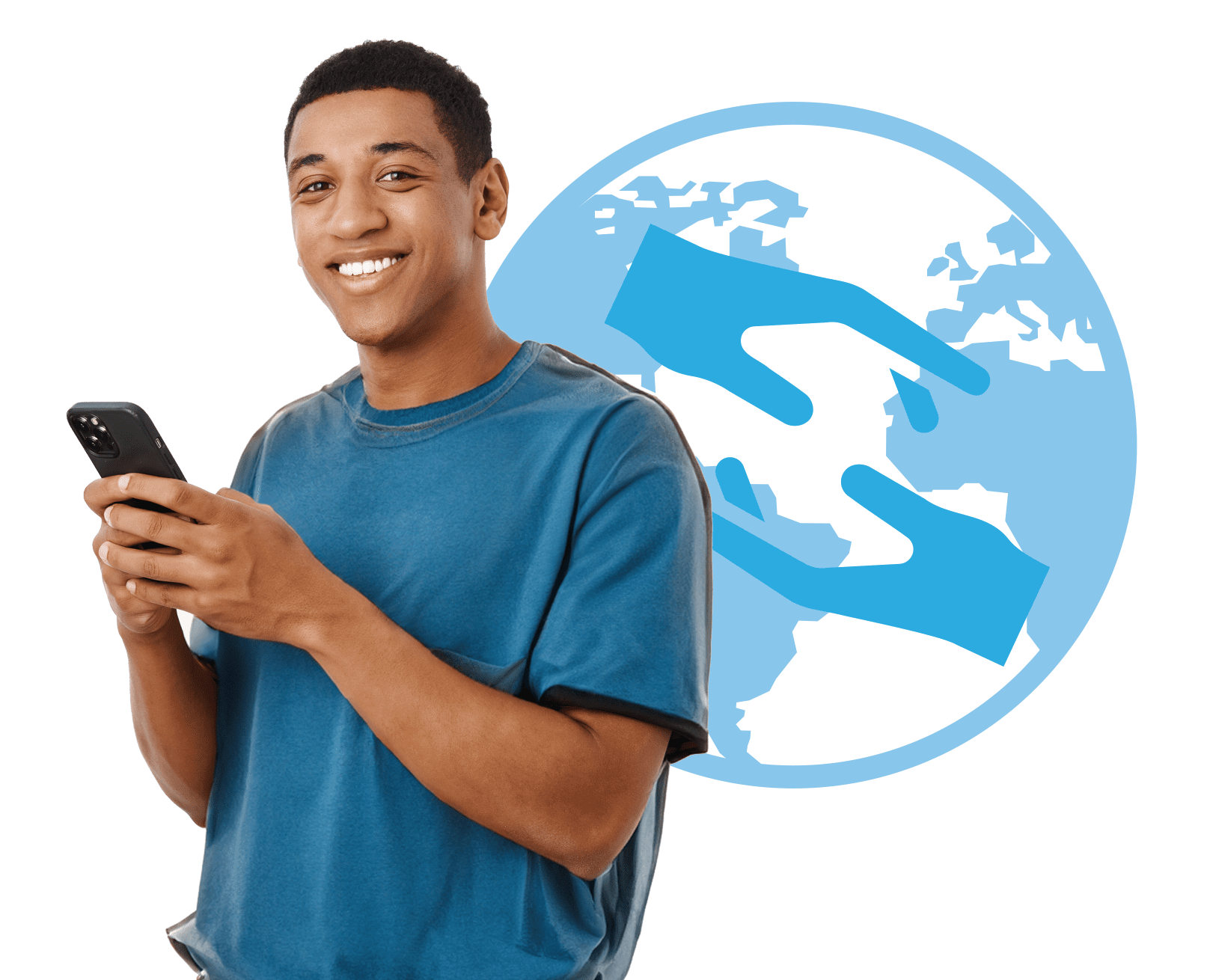 commitment to doing good (Blue) man holding a phone with hand and earth behind him