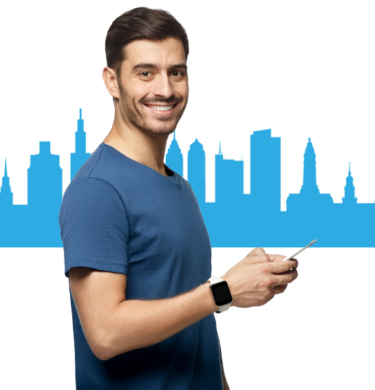 Philadelphia PA Landing Page man on phone against the Philadelphia skyline